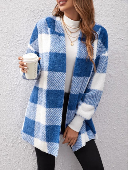 Coat Loose Plaid Color Stitching Knitted Cardigan Sweater