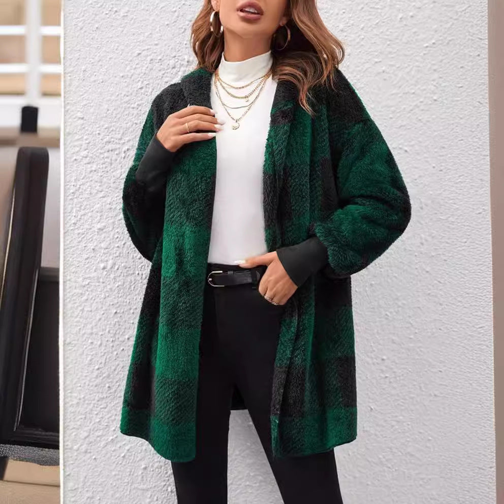 Coat Loose Plaid Color Stitching Knitted Cardigan Sweater