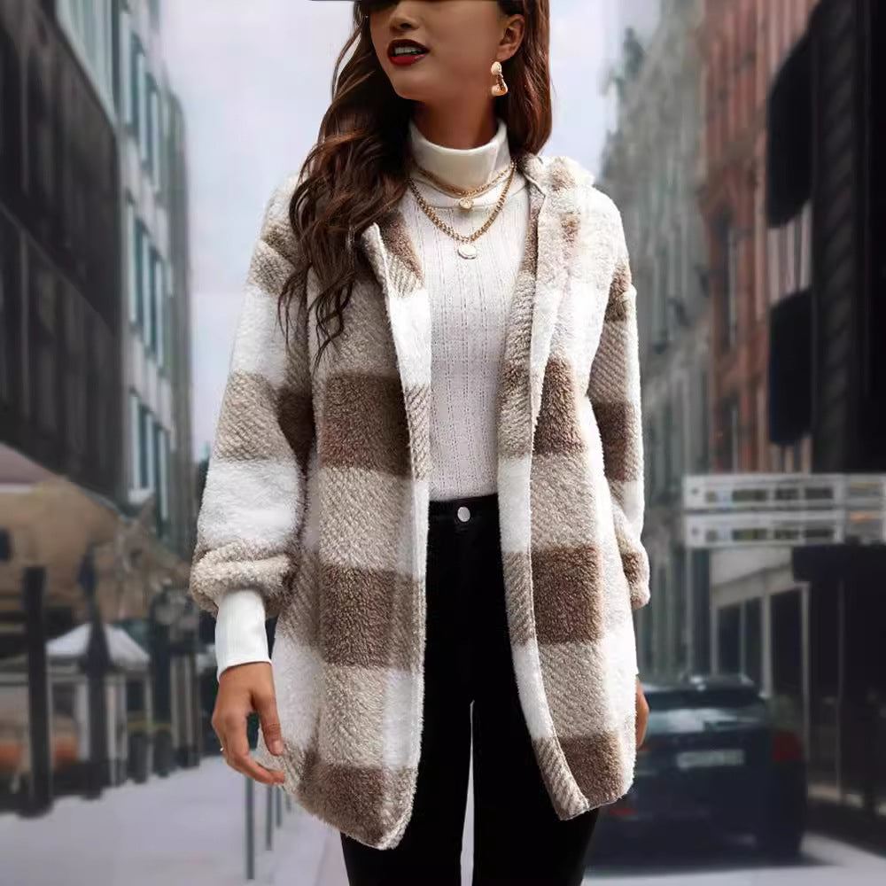 Coat Loose Plaid Color Stitching Knitted Cardigan Sweater