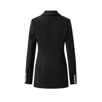 Double Breasted Pure Black Waist Slim-fit Commute Blazer Collar Coat