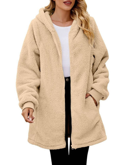 Loose Plush Women's Long Sleeve Hooded Zip Cardigan Coat