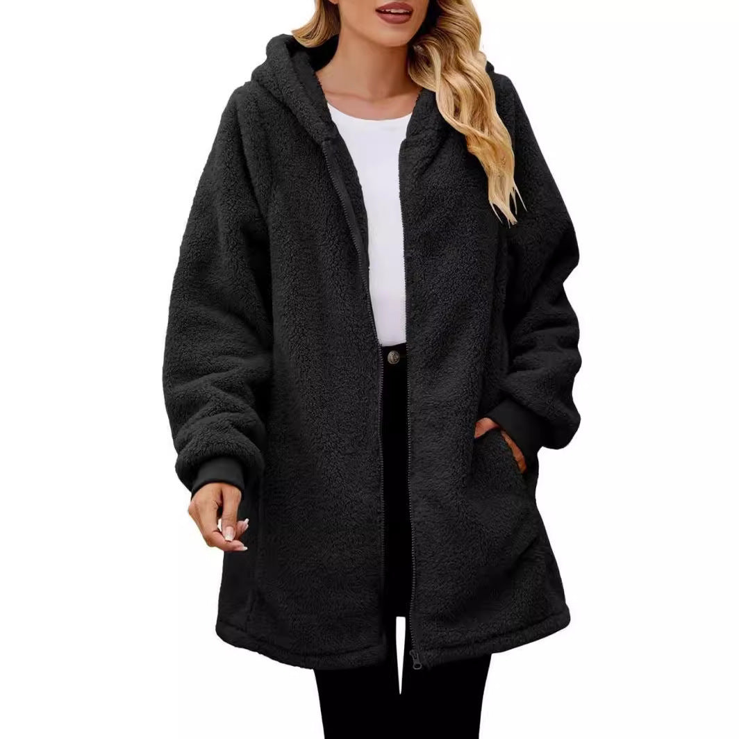 Loose Plush Women's Long Sleeve Hooded Zip Cardigan Coat