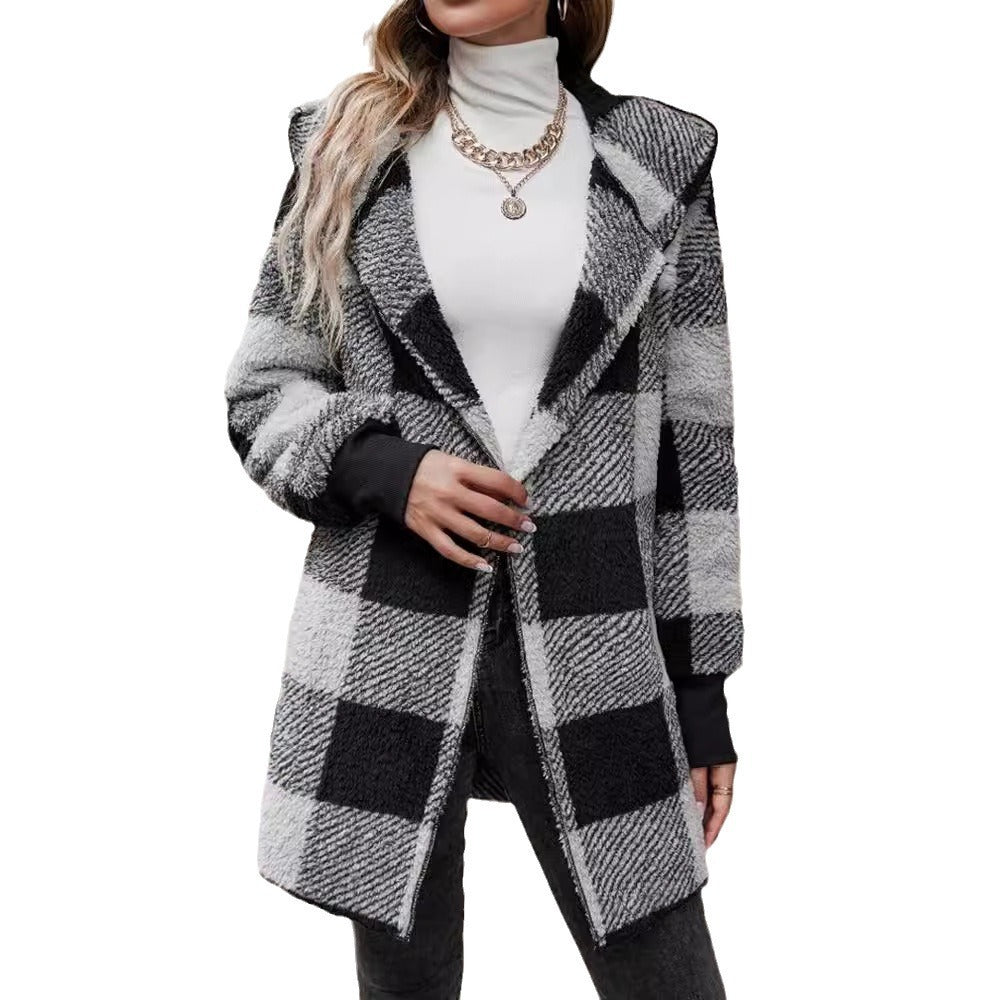 Coat Loose Plaid Color Stitching Knitted Cardigan Sweater