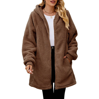 Loose Plush Women's Long Sleeve Hooded Zip Cardigan Coat