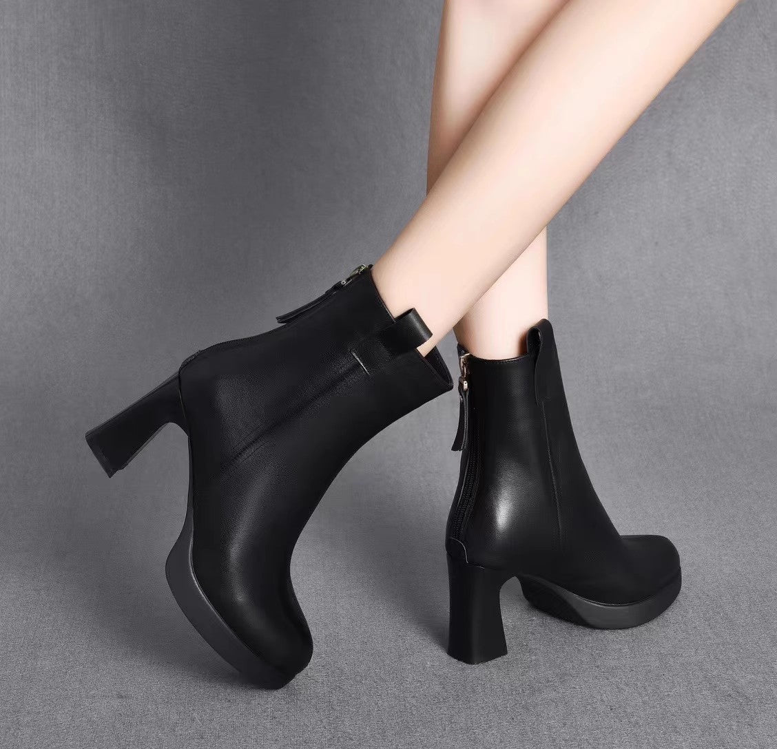 Soft Leather High Heel Boots Female Plus Velvet Genuine Leather