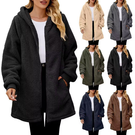 Loose Plush Women's Long Sleeve Hooded Zip Cardigan Coat